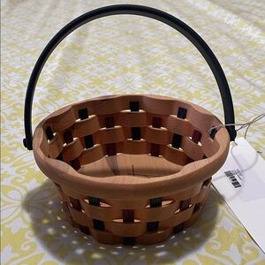 Artisan Hand Crafted Woven Wooden Basket with Black Leather Handle Signed NWT